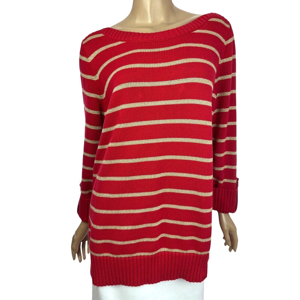 Jones New York Size 1X Pullover Sweater Red w Gold Metallic Stripes Long Sleeve